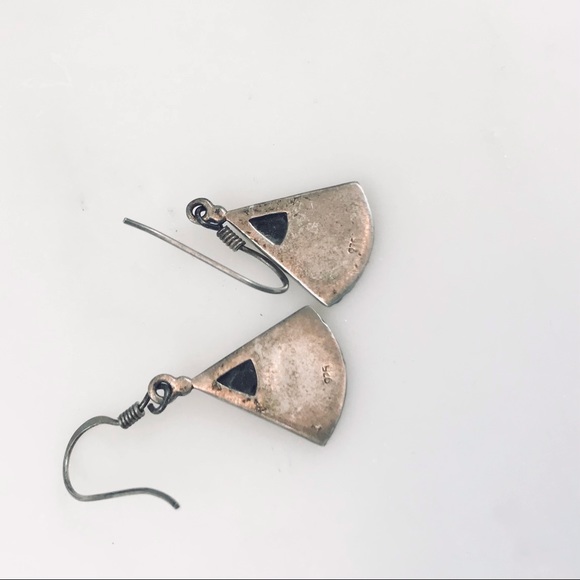 Vintage 925 Silver & Onyx Fan Shape Drop Earrings - Picture 5 of 7